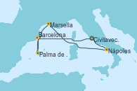 Visitando Civitavecchia (Roma), Nápoles (Italia), Marsella (Francia), Palma de Mallorca (España), Barcelona, Civitavecchia (Roma)