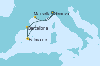 Visitando Génova (Italia), Barcelona, Barcelona, Palma de Mallorca (España), Marsella (Francia), Génova (Italia)