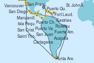Visitando Fort Lauderdale (Florida/EEUU), San Juan (Puerto Rico), Saint Thomas (Islas Vírgenes), St. John´s (Antigua y Barbuda), Roseau (Dominica), Castries (Santa Lucía/Caribe), San Cristóbal y Nieves, Isla Pequeña (San Salvador/Bahamas), Fort Lauderdale (Florida/EEUU), Cartagena de Indias (Colombia), Fuerte Amador (Panamá), Fuerte Amador (Panamá), Punta Arenas (Chile), Acajutla (El Salvador), Puerto Quetzal (Guatemala), Puerto Chiapas (México), Manzanillo (México), Puerto Vallarta (México), San Diego (California/EEUU), San Francisco (California/EEUU), Vancouver (Canadá)