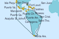 Visitando Fort Lauderdale (Florida/EEUU), San Juan (Puerto Rico), Saint Thomas (Islas Vírgenes), St. John´s (Antigua y Barbuda), Roseau (Dominica), Castries (Santa Lucía/Caribe), San Cristóbal y Nieves, Isla Pequeña (San Salvador/Bahamas), Fort Lauderdale (Florida/EEUU), Cartagena de Indias (Colombia), Fuerte Amador (Panamá), Fuerte Amador (Panamá), Punta Arenas (Chile), Acajutla (El Salvador), Puerto Quetzal (Guatemala), Puerto Chiapas (México), Manzanillo (México), Puerto Vallarta (México), San Diego (California/EEUU)