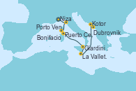 Visitando Niza (Francia), Porto Venere (Italia), Bonifacio (Córcega/Francia), Puerto Cervo (Cerdeña/Francia), Giardini Naxos (Italia), Giardini Naxos (Italia), La Valletta (Malta), Kotor (Montenegro), Dubrovnik (Croacia)