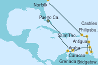 Visitando Puerto Cañaveral (Florida), Aruba (Antillas), Curacao (Antillas), Grenada (Antillas), Bridgetown (Barbados), Castries (Santa Lucía/Caribe), Antigua (Antillas), Philipsburg (St. Maarten), Saint Thomas (Islas Vírgenes), Norfolk (Virginia/EEUU)