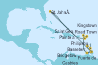 Visitando Fuerte de France (Martinica), Pointe a Pitre (Guadalupe), Road Town (Isla Tórtola/Islas Vírgenes), Philipsburg (St. Maarten), Basseterre (Antillas), St. John´s (Antigua y Barbuda), Fuerte de France (Martinica), Pointe a Pitre (Guadalupe), Castries (Santa Lucía/Caribe), Bridgetown (Barbados), Kingstown (Granadinas), Saint George (Grenada), Fuerte de France (Martinica)