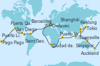 Visitando Civitavecchia (Roma), Génova (Italia), Marsella (Francia), Barcelona, Funchal (Madeira), Bridgetown (Barbados), Saint George (Grenada), Curacao (Antillas), Cartagena de Indias (Colombia), Puerto Limón (Costa Rica), Canal Panamá, Canal Panamá, Puntarenas (Costa Rica), Puerto Quetzal (Guatemala), Puerto Vallarta (México), Cabo San Lucas (México), San Diego (California/EEUU), Los Ángeles (California), Los Ángeles (California), Hilo (Hawai), Pago Pago (Samoa), Apia (Samoa), Suva (Fiyi), Auckland (Nueva Zelanda), Auckland (Nueva Zelanda), Wellington (Nueva Zelanda), Sydney (Australia), Sydney (Australia), Townsville, Cairns (Australia), Manila (Filipinas), Manila (Filipinas), Keelung (Taiwán), Ishigaki (Japón), Naha (Japón), Tokio (Japón), Tokio (Japón), Nagasaki (Japón), Busán (Corea del Sur), Shanghái (China), Hong Kong (China), Da Nang (Vietnam), Singapur, Port Klang (Malasia), Penang (Malasia), Puerto Victoria (Seychelles), Port Louis  (Mauricio), Port Louis  (Mauricio), Pointe des Galets (Francia), Ciudad del Cabo (Sudáfrica), Ciudad del Cabo (Sudáfrica), Walvis Bay (Namibia), Mindelo (Cabo Verde), Civitavecchia (Roma)