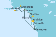 Visitando Vancouver (Canadá), Juneau (Alaska), Isla Kodiak (Alaska), Anchorage (Alaska), Anchorage (Alaska), Icy Strait Point (Alaska), Wrangell (Alaska), Ketchikan (Alaska), Prince Rupert (Canadá), Vancouver (Canadá)