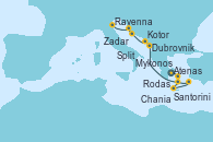 Visitando Atenas (Grecia), Mykonos (Grecia), Santorini (Grecia), Chania (Creta/Grecia), Rodas (Grecia), Dubrovnik (Croacia), Kotor (Montenegro), Split (Croacia), Zadar (Croacia), Ravenna (Italia)