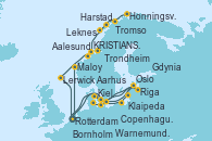 Visitando Rotterdam (Holanda), Maloy (Noruega), Trondheim (Noruega), Honningsvag (Noruega), Tromso (Noruega), Harstad (Noruega), Leknes (Noruega), KRISTIANSUND, Aalesund (Noruega), Lerwick (Escocia), Rotterdam (Holanda), Oslo (Noruega), Oslo (Noruega), Copenhague (Dinamarca), Warnemunde (Alemania), Kiel (Alemania), Bornholm (Dinamarca), Gdynia (Polonia), Klaipeda (Lituania), Riga (Letonia), Aarhus (Dinamarca), Rotterdam (Holanda)