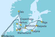 Visitando Rotterdam (Holanda), Oslo (Noruega), Oslo (Noruega), Copenhague (Dinamarca), Warnemunde (Alemania), Kiel (Alemania), Bornholm (Dinamarca), Gdynia (Polonia), Klaipeda (Lituania), Riga (Letonia), Aarhus (Dinamarca), Rotterdam (Holanda)