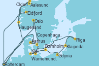 Visitando Rotterdam (Holanda), Oslo (Noruega), Oslo (Noruega), Copenhague (Dinamarca), Warnemunde (Alemania), Kiel (Alemania), Bornholm (Dinamarca), Gdynia (Polonia), Klaipeda (Lituania), Riga (Letonia), Aarhus (Dinamarca), Rotterdam (Holanda), Aalesund (Noruega), Olden (Noruega), Haugesund (Noruega), Eidfjord (Hardangerfjord/Noruega), Rotterdam (Holanda)