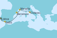Visitando Lisboa (Portugal), Cádiz (España), Barcelona, Marsella (Francia), Civitavecchia (Roma)