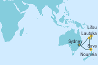 Visitando Sydney (Australia), Nouméa (Nueva Caledonia), Suva (Fiyi), Lautoka (Fiyi), Lifou (Isla Loyalty/Nueva Caledonia), Sydney (Australia)