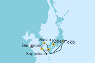 Visitando Tokio (Japón), Kobe (Japón), Kobe (Japón), Busán (Corea del Sur), Kagoshima (Japón), Tokio (Japón), Gangjeong (Corea del Sur), Kagoshima (Japón), Tokio (Japón)