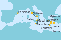 Visitando Atenas (Grecia), Mykonos (Grecia), Rodas (Grecia), Santorini (Grecia), Chania (Creta/Grecia), La Valletta (Malta), Messina (Sicilia), Salerno (Italia), Civitavecchia (Roma), Barcelona