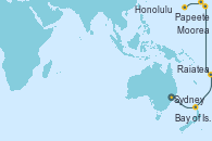 Visitando Sydney (Australia), Bay of Islands (Nueva Zelanda), Raiatea (Polinesia Francesa), Papeete (Tahití), Moorea (Tahití), Honolulu (Hawai)