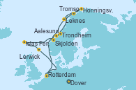Visitando Dover (Inglaterra), Rotterdam (Holanda), Aalesund (Noruega), Trondheim (Noruega), Honningsvag (Noruega), Tromso (Noruega), Leknes (Noruega), Skjolden (Noruega), Islas Feroe (Dinamarca), Lerwick (Escocia), Dover (Inglaterra)
