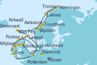 Visitando Dover (Inglaterra), Rotterdam (Holanda), Aalesund (Noruega), Trondheim (Noruega), Honningsvag (Noruega), Tromso (Noruega), Leknes (Noruega), Skjolden (Noruega), Islas Feroe (Dinamarca), Lerwick (Escocia), Dover (Inglaterra), Rotterdam (Holanda), Edimburgo (Escocia), Kirkwall (Escocia), Lerwick (Escocia), Portree (Reino Unido), Killybegs (Irlanda), Greencastle (Irlanda), Greenock (Escocia), Greenock (Escocia), Holyhead (Gales/Reino Unido), Cork (Irlanda), Dover (Inglaterra)
