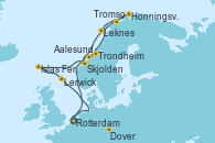 Visitando Rotterdam (Holanda), Aalesund (Noruega), Trondheim (Noruega), Honningsvag (Noruega), Tromso (Noruega), Leknes (Noruega), Skjolden (Noruega), Islas Feroe (Dinamarca), Lerwick (Escocia), Dover (Inglaterra), Rotterdam (Holanda)