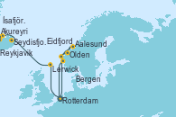 Visitando Rotterdam (Holanda), Eidfjord (Hardangerfjord/Noruega), Olden (Noruega), Aalesund (Noruega), Bergen (Noruega), Rotterdam (Holanda), Lerwick (Escocia), Seydisfjordur (Islandia), Akureyri (Islandia), Ísafjörður (Islandia), Reykjavik (Islandia)
