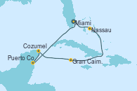 Visitando Miami (Florida/EEUU), Nassau (Bahamas), Gran Caimán (Islas Caimán), Cozumel (México), Puerto Costa Maya (México), Miami (Florida/EEUU) Visitando Miami (Florida/EEUU), Nassau (Bahamas), Gran Caimán (Islas Caimán), Cozumel (México), Puerto Costa Maya (México), Miami (Florida/EEUU)