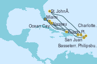 Visitando Miami (Florida/EEUU), San Juan (Puerto Rico), Philipsburg (St. Maarten), Basseterre (Antillas), St. John´s (Antigua y Barbuda), Charlotte Amalie (St. Thomas), Puerto Plata, Republica Dominicana, Miami (Florida/EEUU), Puerto Plata, Republica Dominicana, Nassau (Bahamas), Ocean Cay MSC Marine Reserve (Bahamas), Miami (Florida/EEUU)