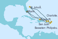 Visitando Miami (Florida/EEUU), San Juan (Puerto Rico), Philipsburg (St. Maarten), Basseterre (Antillas), St. John´s (Antigua y Barbuda), Charlotte Amalie (St. Thomas), Puerto Plata, Republica Dominicana, Miami (Florida/EEUU)