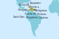 Visitando Bridgetown (Barbados), Saint George (Grenada), Kingstown (Granadinas), Fuerte de France (Martinica), Pointe a Pitre (Guadalupe), St. John´s (Antigua y Barbuda), Philipsburg (St. Maarten), Basseterre (Antillas), Roseau (Dominica), Fuerte de France (Martinica), Pointe a Pitre (Guadalupe), Castries (Santa Lucía/Caribe), Bridgetown (Barbados)