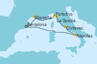 Visitando Barcelona, Marsella (Francia), Portofino (Italia), La Spezia, Florencia y Pisa (Italia), Civitavecchia (Roma), Nápoles (Italia), Barcelona Visitando Barcelona, Marsella (Francia), Portofino (Italia), La Spezia, Florencia y Pisa (Italia), Civitavecchia (Roma), Nápoles (Italia), Barcelona