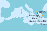 Visitando Atenas (Grecia), Kusadasi (Efeso/Turquía), Santorini (Grecia), Rodas (Grecia), Mykonos (Grecia), Tesalónica (Grecia), Atenas (Grecia) Visitando Atenas (Grecia), Kusadasi (Efeso/Turquía), Santorini (Grecia), Rodas (Grecia), Mykonos (Grecia), Tesalónica (Grecia), Atenas (Grecia)