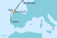 Visitando Southampton (Inglaterra), La Coruña (Galicia/España), Lisboa (Portugal), Lisboa (Portugal), Vigo (España), Southampton (Inglaterra)