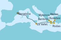 Visitando Barcelona, La Valletta (Malta), Kusadasi (Efeso/Turquía), Rodas (Grecia), Santorini (Grecia), Mykonos (Grecia), Atenas (Grecia)