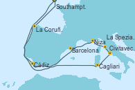 Visitando Southampton (Inglaterra), Cádiz (España), Cagliari (Cerdeña), Civitavecchia (Roma), La Spezia, Florencia y Pisa (Italia), Niza (Francia), Barcelona, La Coruña (Galicia/España), Southampton (Inglaterra)