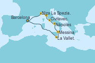 Visitando Barcelona, La Valletta (Malta), Messina (Sicilia), Nápoles (Italia), Civitavecchia (Roma), La Spezia, Florencia y Pisa (Italia), Niza (Francia), Barcelona Visitando Barcelona, La Valletta (Malta), Messina (Sicilia), Nápoles (Italia), Civitavecchia (Roma), La Spezia, Florencia y Pisa (Italia), Niza (Francia), Barcelona