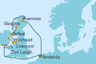 Visitando Ámsterdam (Holanda), Cork (Irlanda), Dun Laoghaire (Dublin/Irlanda), Holyhead (Gales/Reino Unido), Liverpool (Reino Unido), Belfast (Irlanda), Glasgow (Escocia), Inverness (Escocia), Ámsterdam (Holanda)