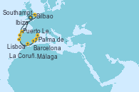Visitando Southampton (Inglaterra), Puerto Leixões (Portugal), Lisboa (Portugal), Palma de Mallorca (España), Barcelona, Ibiza (España), Málaga, La Coruña (Galicia/España), Bilbao (España), Southampton (Inglaterra)