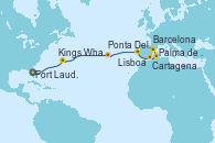 Visitando Fort Lauderdale (Florida/EEUU), Kings Wharf (Bermudas), Ponta Delgada (Azores), Lisboa (Portugal), Cartagena (Murcia), Palma de Mallorca (España), Barcelona Visitando Fort Lauderdale (Florida/EEUU), Kings Wharf (Bermudas), Ponta Delgada (Azores), Lisboa (Portugal), Cartagena (Murcia), Palma de Mallorca (España), Barcelona