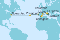 Visitando Civitavecchia (Roma), La Spezia, Florencia y Pisa (Italia), Barcelona, Cartagena (Murcia), Lisboa (Portugal), Ponta Delgada (Azores), Nueva Jersey (Estados Unidos)