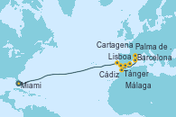 Visitando Miami (Florida/EEUU), Lisboa (Portugal), Cádiz (España), Tánger (Marruecos), Málaga, Cartagena (Murcia), Palma de Mallorca (España), Barcelona Visitando Miami (Florida/EEUU), Lisboa (Portugal), Cádiz (España), Tánger (Marruecos), Málaga, Cartagena (Murcia), Palma de Mallorca (España), Barcelona