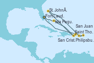 Visitando Fort Lauderdale (Florida/EEUU), Isla Pequeña (San Salvador/Bahamas), Saint Thomas (Islas Vírgenes), St. John´s (Antigua y Barbuda), San Cristóbal y Nieves, Philipsburg (St. Maarten), San Juan (Puerto Rico), Fort Lauderdale (Florida/EEUU)