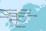 Visitando Reykjavik (Islandia), Heimaey (Islas Westmann/Islandia), Djupivogur (Islandia), Runavík (Islas Feroe/Dinamarca), Edimburgo (Escocia), Rotterdam (Holanda), Haugesund (Noruega), SCENIC CRUISING MOLDE FJORDEN, Molde (Noruega), Olden (Noruega), SANDNES (STAVANGER), Rotterdam (Holanda)