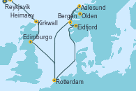 Visitando Reykjavik (Islandia), Heimaey (Islas Westmann/Islandia), Kirkwall (Escocia), Edimburgo (Escocia), Edimburgo (Escocia), Rotterdam (Holanda), Eidfjord (Hardangerfjord/Noruega), Olden (Noruega), Aalesund (Noruega), Bergen (Noruega), Rotterdam (Holanda)