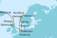 Visitando Reykjavik (Islandia), Heimaey (Islas Westmann/Islandia), Kirkwall (Escocia), Edimburgo (Escocia), Edimburgo (Escocia), Rotterdam (Holanda), Aalesund (Noruega), Nordfjordeid, ODDA, Bergen (Noruega), Ámsterdam (Holanda)