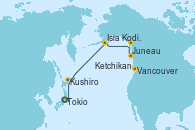 Visitando Tokio (Japón), Kushiro (Japón), Isla Kodiak (Alaska), Juneau (Alaska), Ketchikan (Alaska), Vancouver (Canadá)