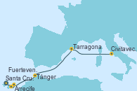 Visitando Santa Cruz de Tenerife (España), Arrecife (Lanzarote/España), Fuerteventura (Canarias/España), Tánger (Marruecos), Tarragona (España), Civitavecchia (Roma)