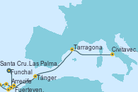 Visitando Funchal (Madeira), Arrecife (Lanzarote/España), Las Palmas de Gran Canaria (España), Santa Cruz de la Palma (España), Santa Cruz de Tenerife (España), Arrecife (Lanzarote/España), Fuerteventura (Canarias/España), Tánger (Marruecos), Tarragona (España), Civitavecchia (Roma)
