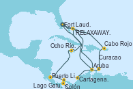 Visitando Fort Lauderdale (Florida/EEUU), Cabo Rojo, Curacao (Antillas), Aruba (Antillas), RELAXAWAY HALF MOON CAY, Fort Lauderdale (Florida/EEUU), RELAXAWAY HALF MOON CAY, Aruba (Antillas), Cartagena de Indias (Colombia), Lago Gatun (Panamá), Colón (Panamá), Puerto Limón (Costa Rica), Ocho Ríos (Jamaica), Fort Lauderdale (Florida/EEUU)