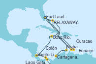 Visitando Fort Lauderdale (Florida/EEUU), RELAXAWAY HALF MOON CAY, Aruba (Antillas), Cartagena de Indias (Colombia), Lago Gatun (Panamá), Colón (Panamá), Puerto Limón (Costa Rica), Ocho Ríos (Jamaica), Fort Lauderdale (Florida/EEUU), Bonaire (Países Bajos), Curacao (Antillas), Curacao (Antillas), RELAXAWAY HALF MOON CAY, Fort Lauderdale (Florida/EEUU)