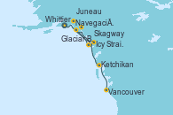 Visitando Whittier (Alaska), Navegación por Glaciar Hubbard (Alaska), Glaciar Bay (Alaska), Icy Strait Point (Alaska), Juneau (Alaska), Skagway (Alaska), Ketchikan (Alaska), Vancouver (Canadá)