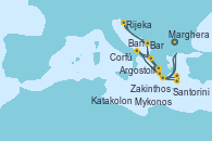 Visitando Marghera (Venecia/Italia), Bari (Italia), Corfú (Grecia), Zakinthos (Grecia), Argostoli (Grecia), Bar ( Montenegro), Rijeka (Croacia), Marghera (Venecia/Italia), Bari (Italia), Santorini (Grecia), Mykonos (Grecia), Katakolon (Olimpia/Grecia), Marghera (Venecia/Italia)