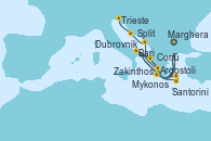 Visitando Marghera (Venecia/Italia), Bari (Italia), Santorini (Grecia), Mykonos (Grecia), Argostoli (Grecia), Marghera (Venecia/Italia), Bari (Italia), Corfú (Grecia), Zakinthos (Grecia), Argostoli (Grecia), Dubrovnik (Croacia), Split (Croacia), Trieste (Italia)