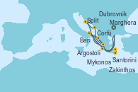 Visitando Marghera (Venecia/Italia), Bari (Italia), Santorini (Grecia), Mykonos (Grecia), Argostoli (Grecia), Marghera (Venecia/Italia), Bari (Italia), Corfú (Grecia), Zakinthos (Grecia), Argostoli (Grecia), Dubrovnik (Croacia), Split (Croacia), Marghera (Venecia/Italia)